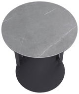 Runder Beistelltisch mit grauer Marmoroptik-Oberfläche, von oben betrachtet.