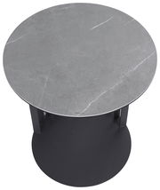 Runder Beistelltisch mit grauer Marmoroptik-Oberfläche, von oben betrachtet.