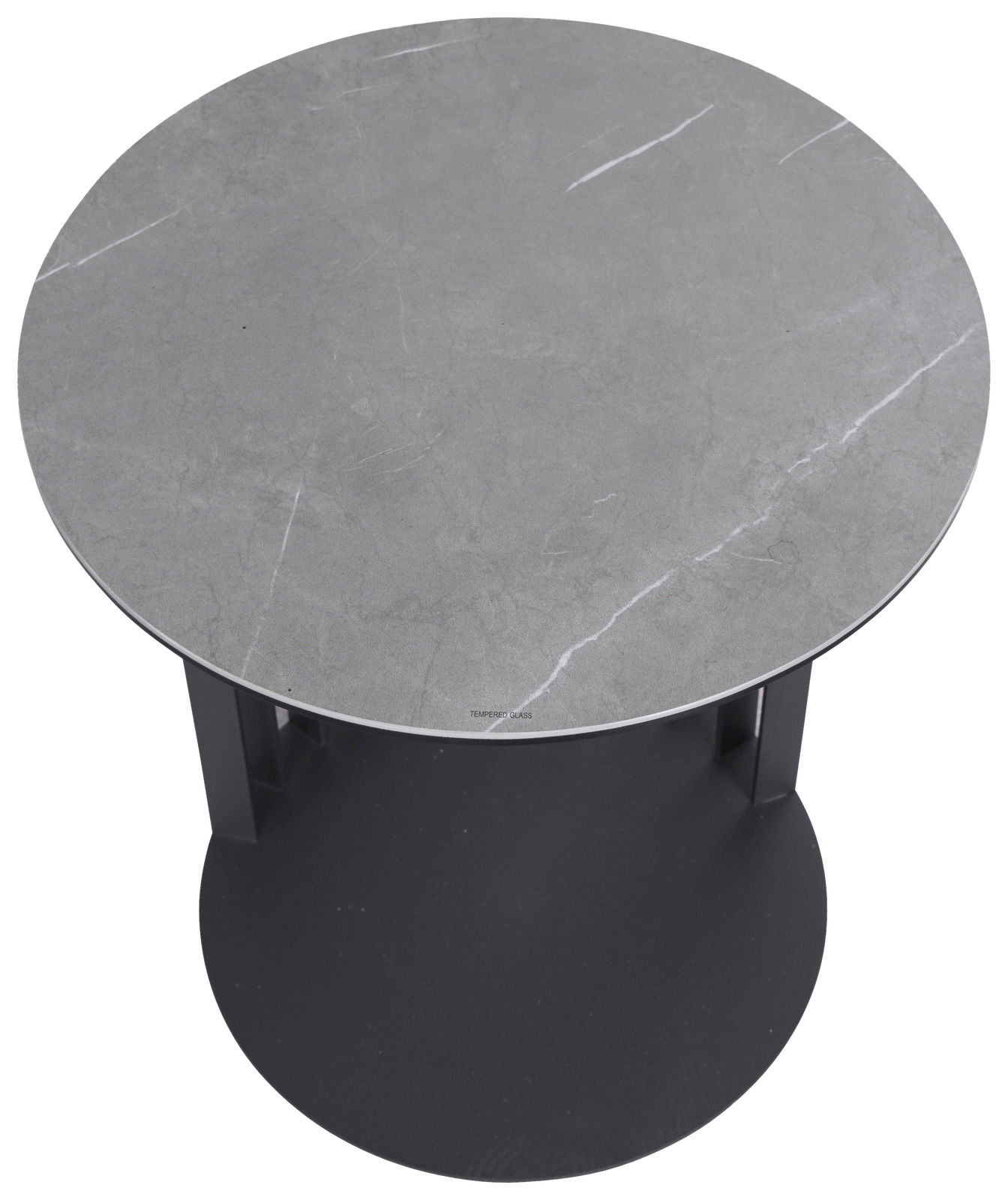 Runder Beistelltisch mit grauer Marmoroptik-Oberfläche, von oben betrachtet.