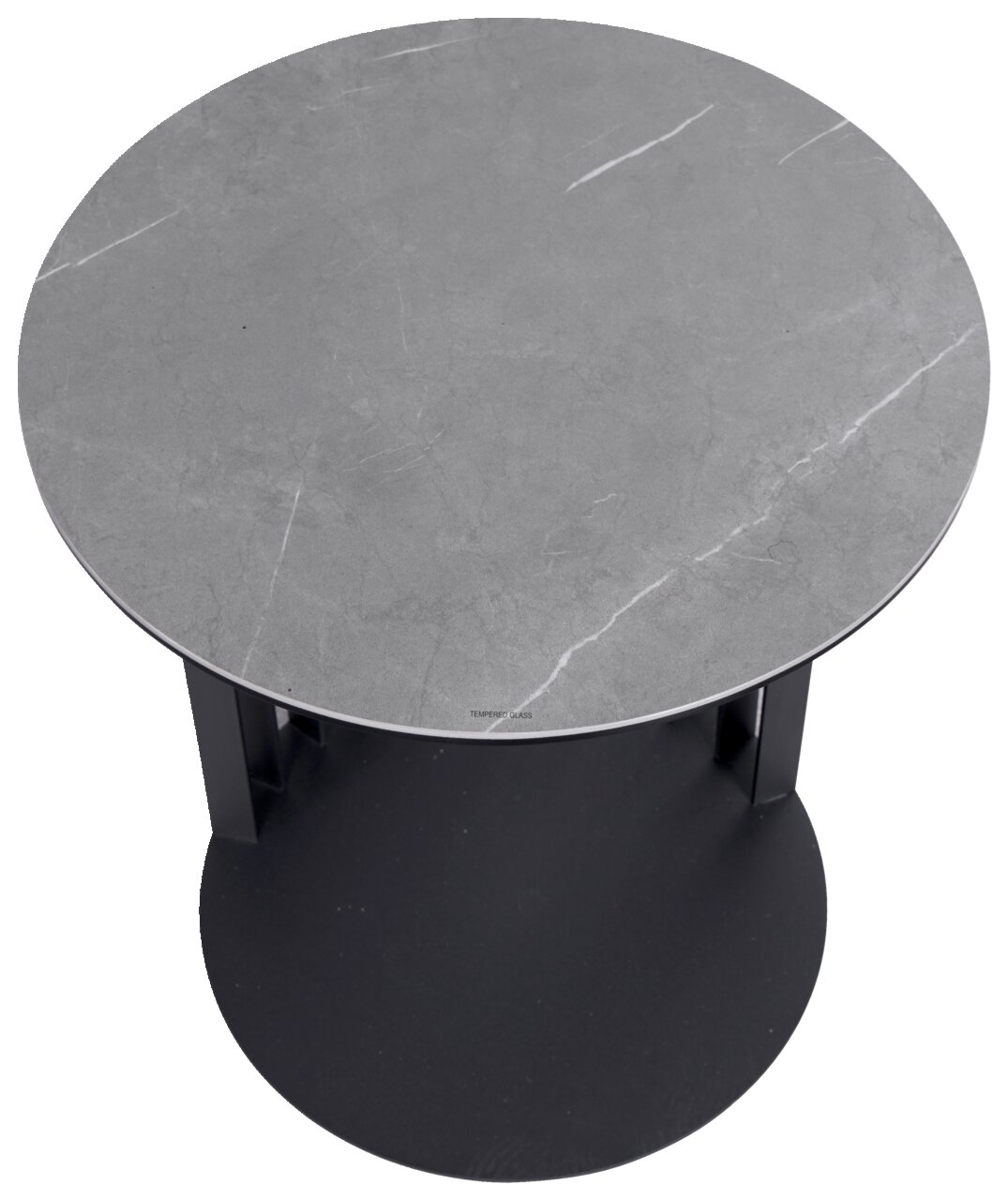 Runder Beistelltisch mit grauer Marmoroptik-Oberfläche, von oben betrachtet.