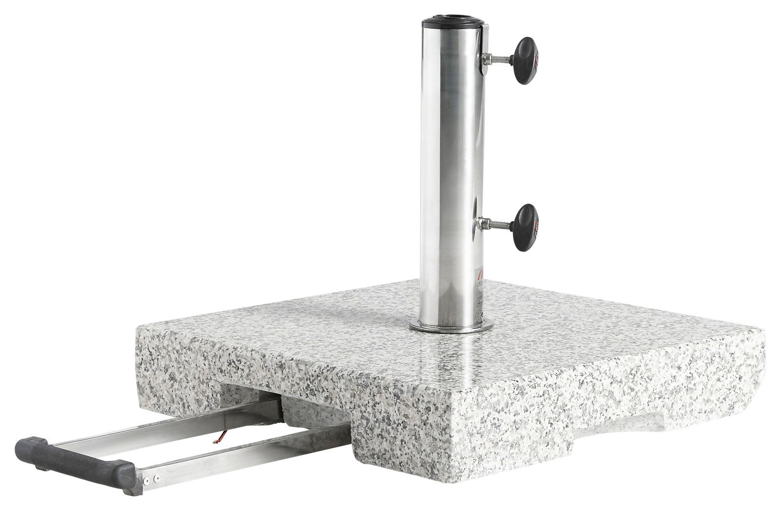 Granit-Trolley-Sockel mit Edelstahlrohr und ausziehbarem Griff, seitliche Perspektive