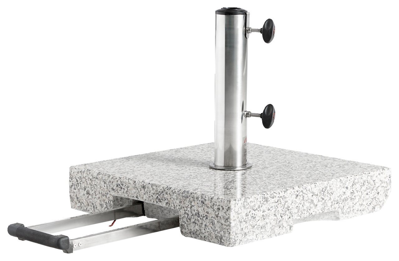 Granit-Trolley-Sockel mit Edelstahlrohr und ausziehbarem Griff, seitliche Perspektive