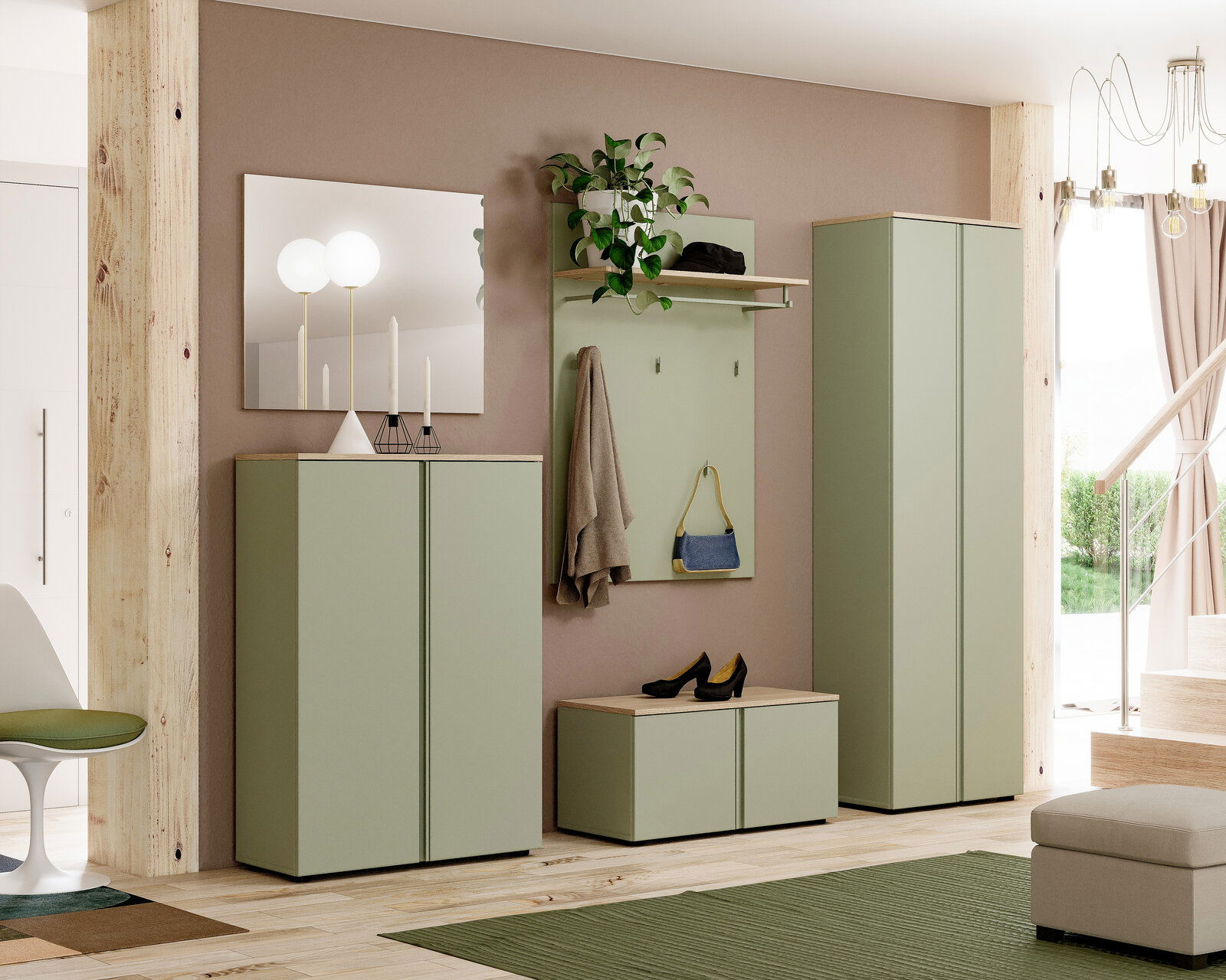 Voleo Bank MILTON Moderne Garderobeneinrichtung in einem Flur mit grünlichen Schränken, einer Bank und einem Spiegel, aus der Perspektive des Eingangsbereichs betrachtet.