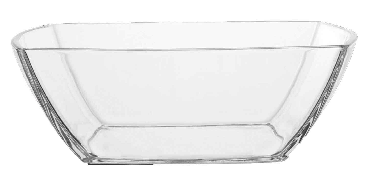 Transparente, rechteckige Glasschale, seitliche Perspektive