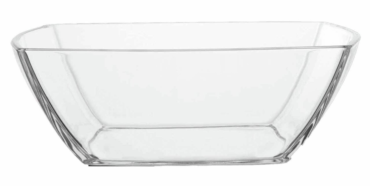 Transparente, rechteckige Glasschale, seitliche Perspektive