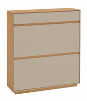 Moderner Schuhschrank aus Holz mit drei Fächern, seitliche Perspektive