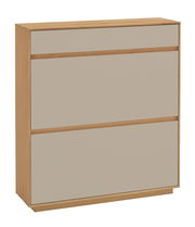 Moderner Schuhschrank aus Holz mit drei Fächern, seitliche Perspektive