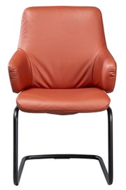 Moderne fauteuil in terracottakleur met een zwart metalen frame, vooraanzicht