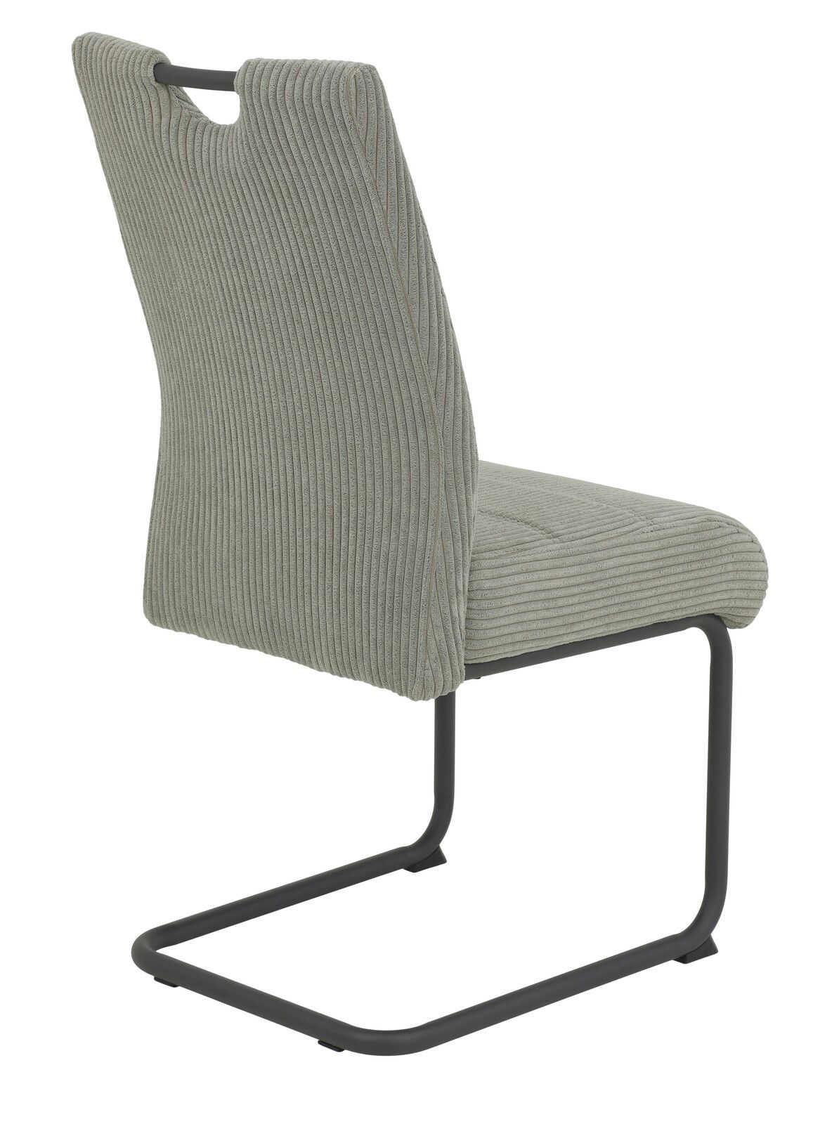 Rückansicht eines modernen Schwingstuhls mit grauem, geripptem Stoffbezug und schwarzem Metallgestell.