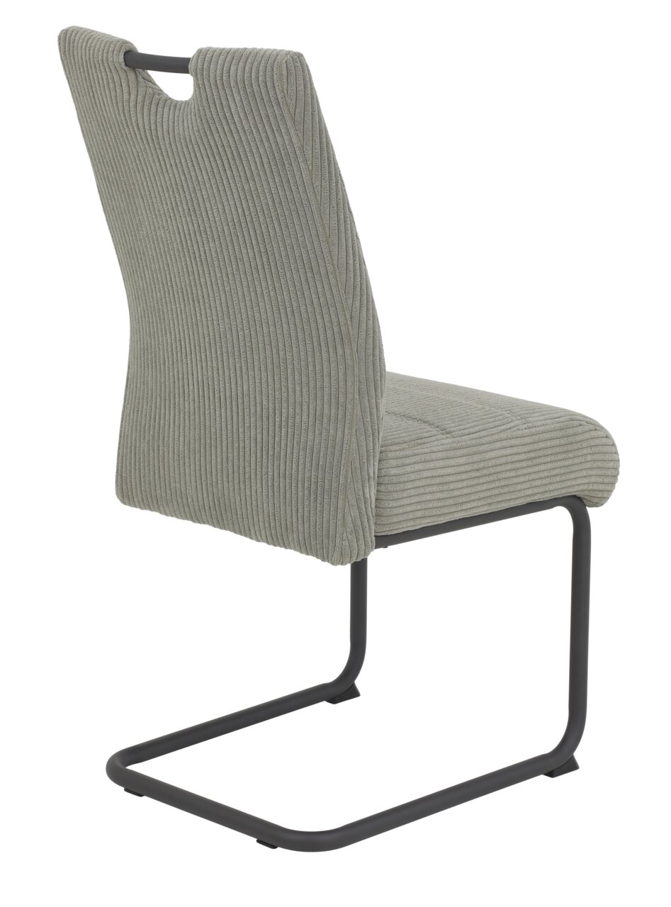 Achterkant van een moderne schommelstoel met een grijze, geribbelde stoffen bekleding en een zwart metalen frame.