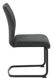 Seitenansicht eines modernen Schwingstuhls mit grauem, geripptem Stoffbezug und schwarzem Metallgestell.