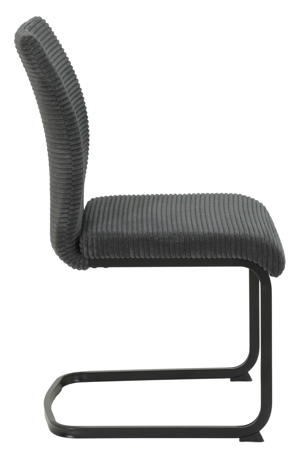 Seitenansicht eines modernen Schwingstuhls mit grauem, geripptem Stoffbezug und schwarzem Metallgestell.