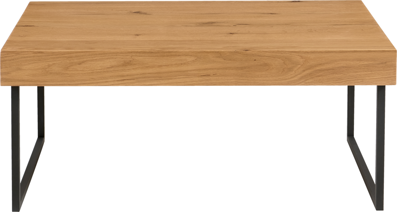 Moderner Couchtisch aus Holz mit Metallbeinen, Frontalansicht