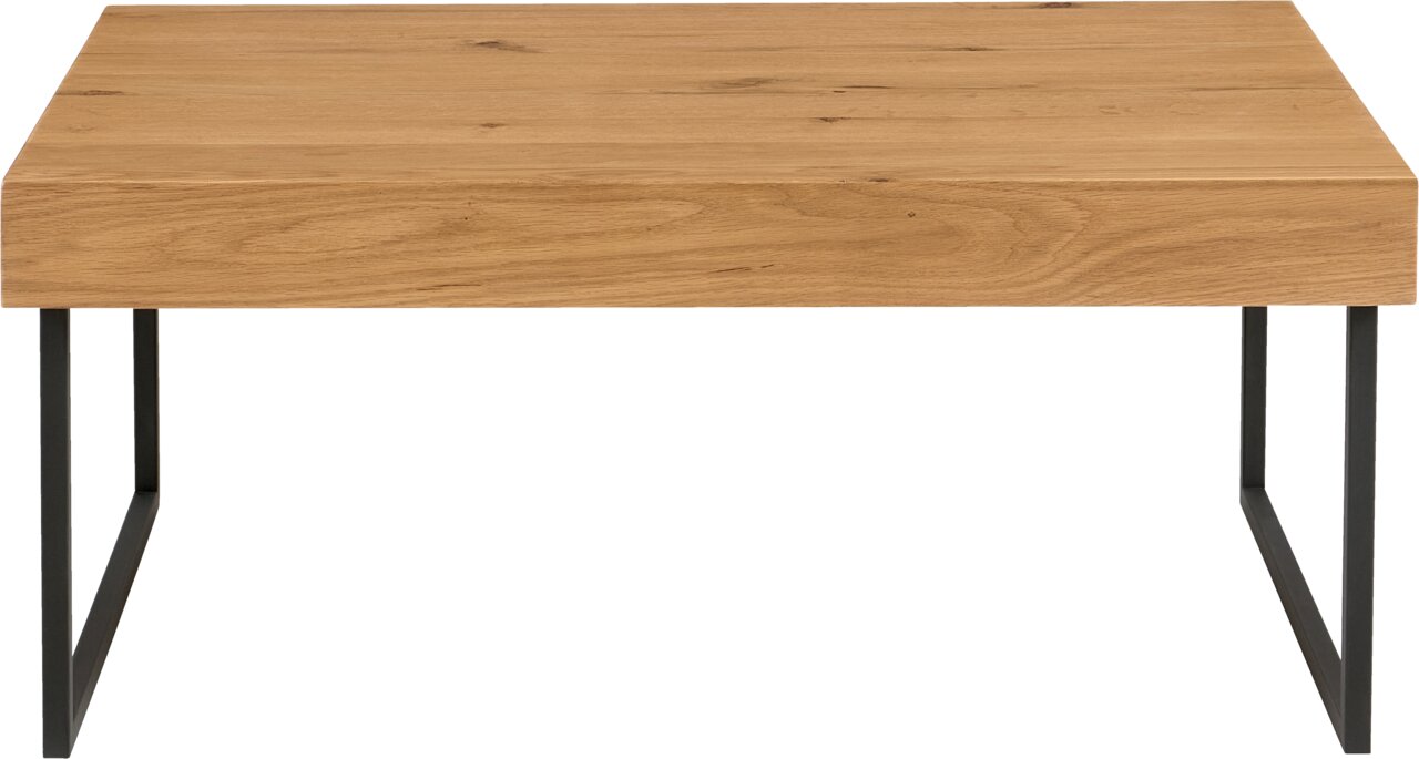 Moderne houten salontafel met metalen poten, vooraanzicht