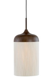 Moderne hanglamp met cilindrische kap in lichte houtlook en donkere houten bovenkant, vrijstaand op een witte achtergrond, vooraanzicht