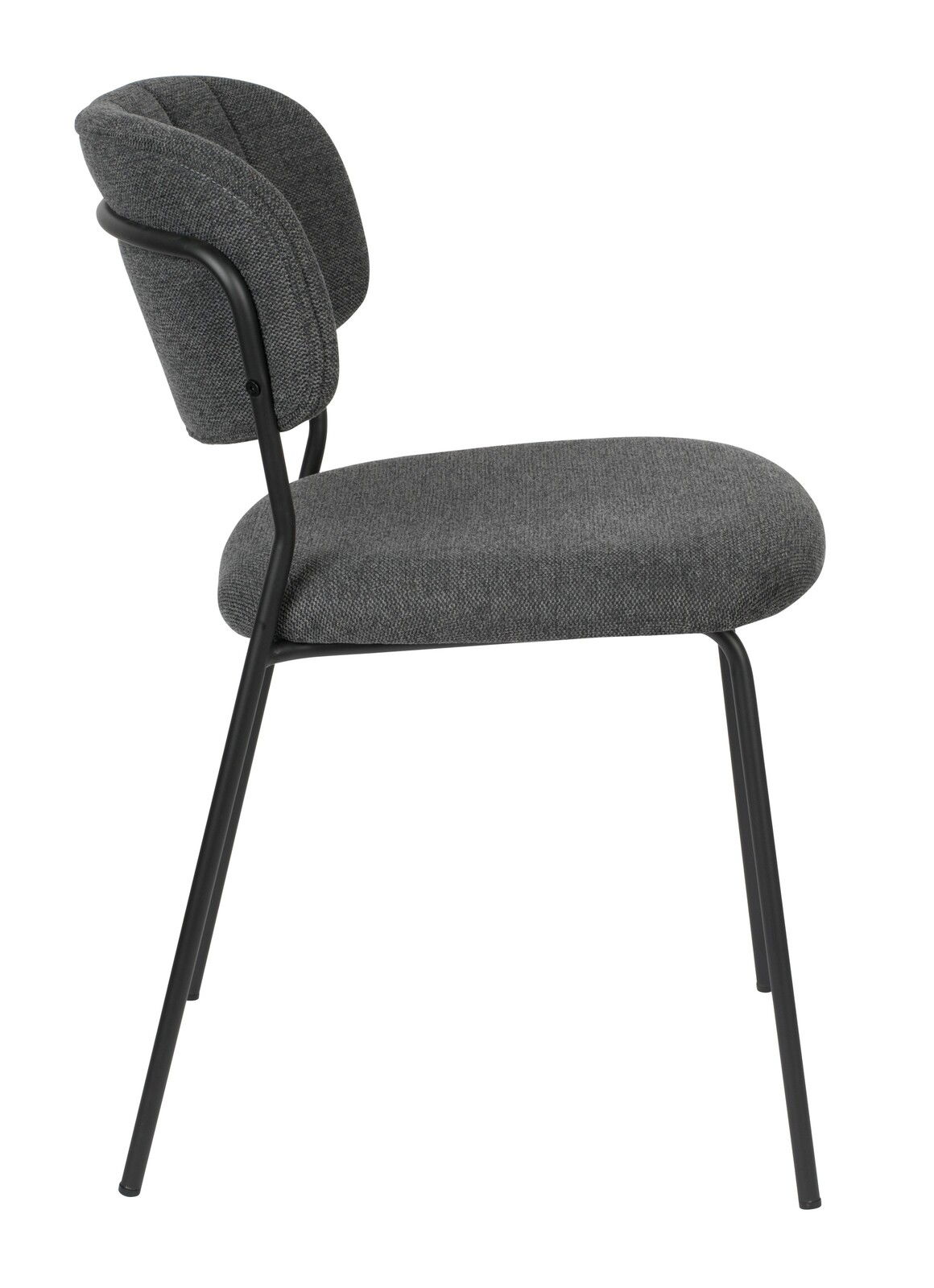 Moderner grauer Stuhl mit schwarzem Metallrahmen, seitliche Ansicht