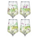 Vier Weingläser mit floralen Mustern und Schriftzügen wie 'Just Relax' und 'Enjoy & Smile', gefüllt mit Eiswürfeln und Getränk, aus der Vorderansicht.