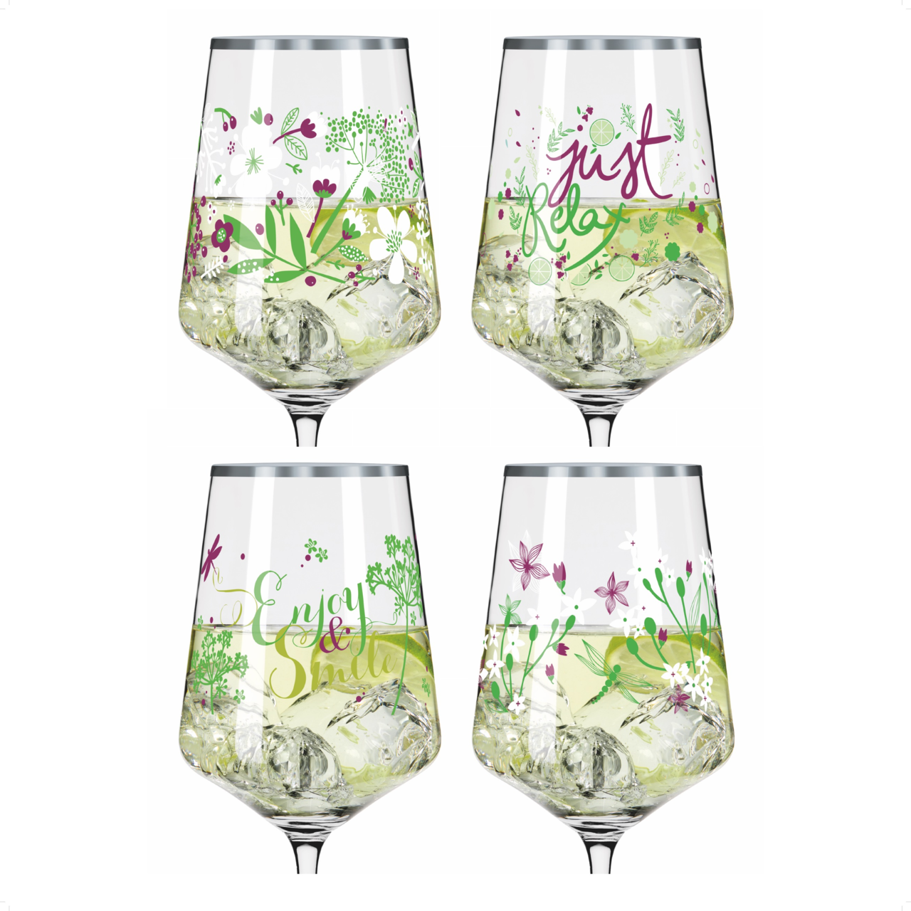 Vier Weingläser mit floralen Mustern und Schriftzügen wie 'Just Relax' und 'Enjoy & Smile', gefüllt mit Eiswürfeln und Getränk, aus der Vorderansicht.