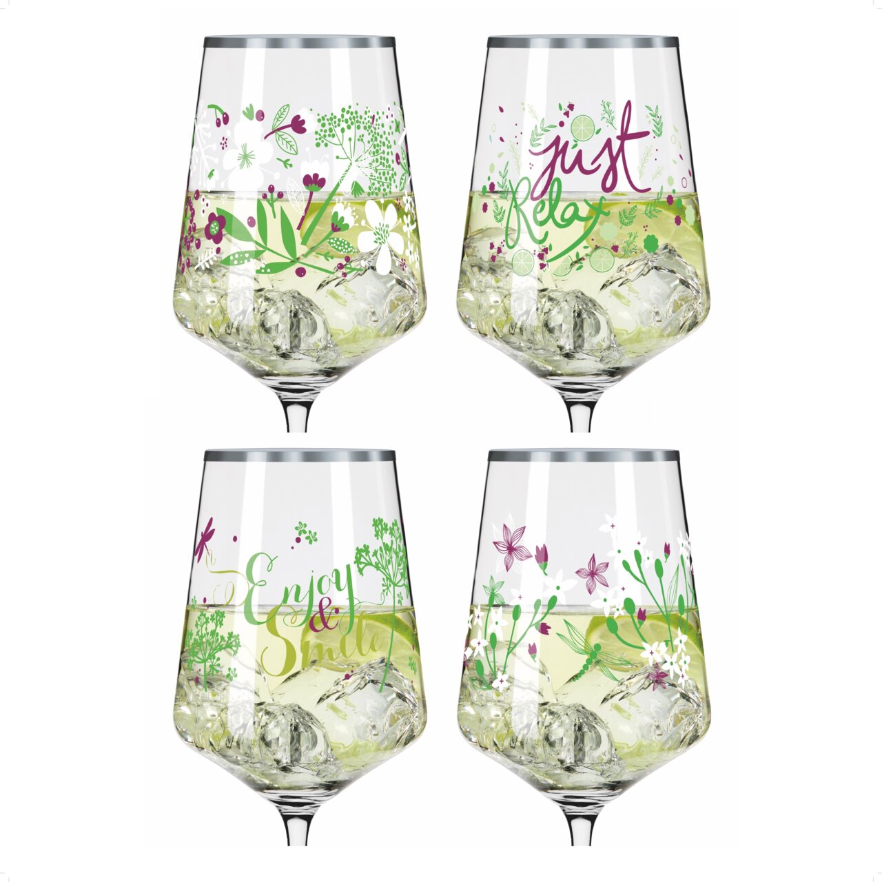 Vier Weingläser mit floralen Mustern und Schriftzügen wie 'Just Relax' und 'Enjoy & Smile', gefüllt mit Eiswürfeln und Getränk, aus der Vorderansicht.