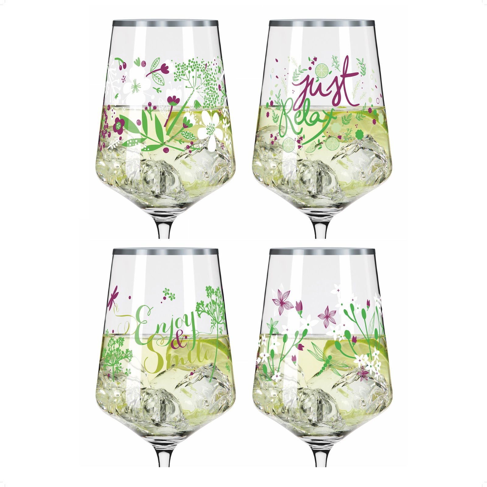 Vier Weingläser mit floralen Mustern und Schriftzügen wie 'Just Relax' und 'Enjoy & Smile', gefüllt mit Eiswürfeln und Getränk, aus der Vorderansicht.
