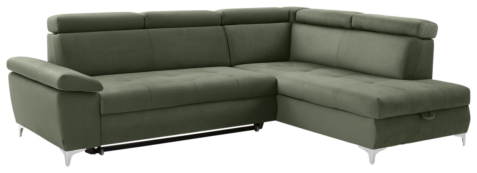 Grünes Ecksofa mit verstellbaren Kopfstützen, Ansicht von vorne links