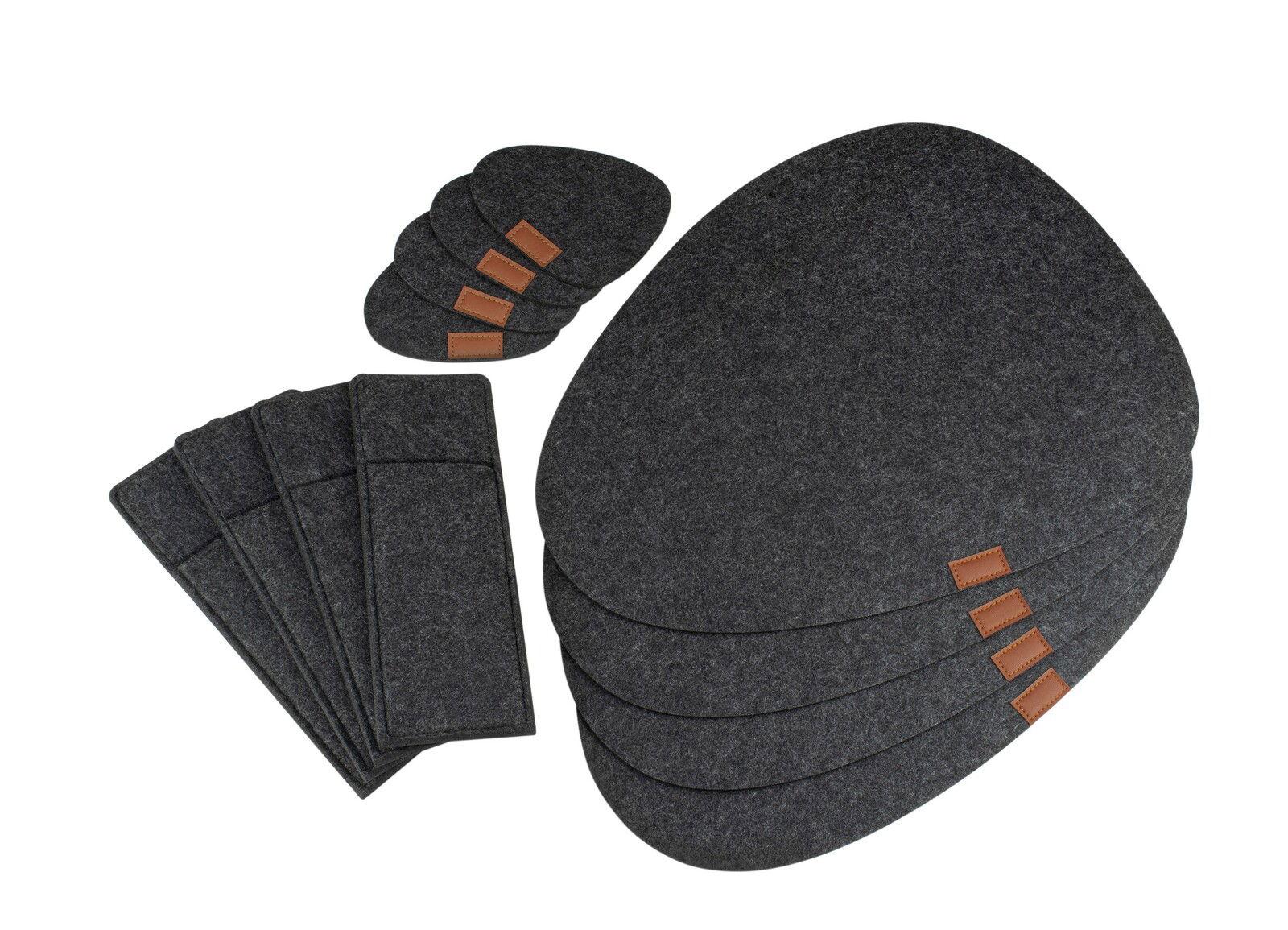Tischset aus Filz, 12-teilig, in Anthrazit, bestehend aus Platzdeckchen und Untersetzern, von oben fotografiert