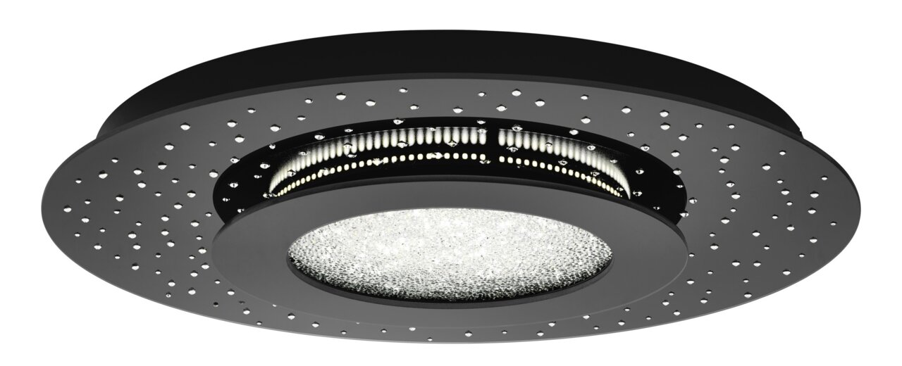 Moderne LED-Deckenleuchte mit schwarzem Gehäuse und funkelnden Details, seitliche Perspektive