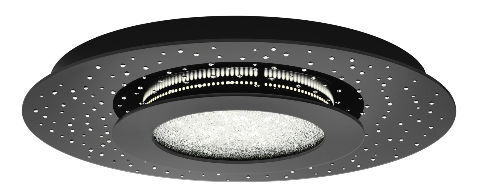 Moderne LED-Deckenleuchte mit schwarzem Gehäuse und funkelnden Details, seitliche Perspektive
