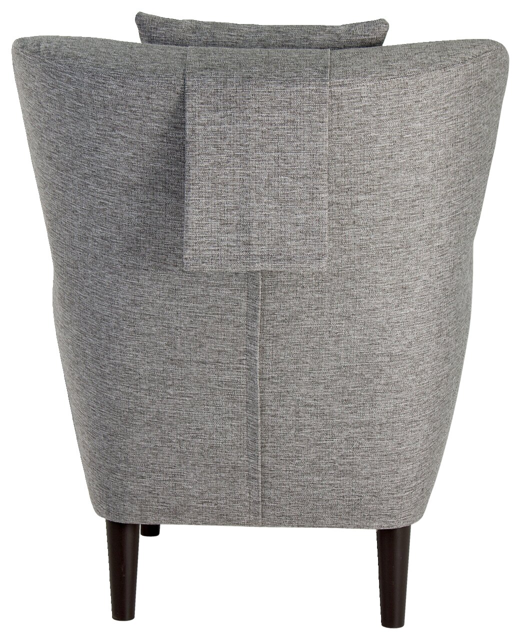 Rückansicht eines grauen Ohrensessels mit schwarzen Beinen.