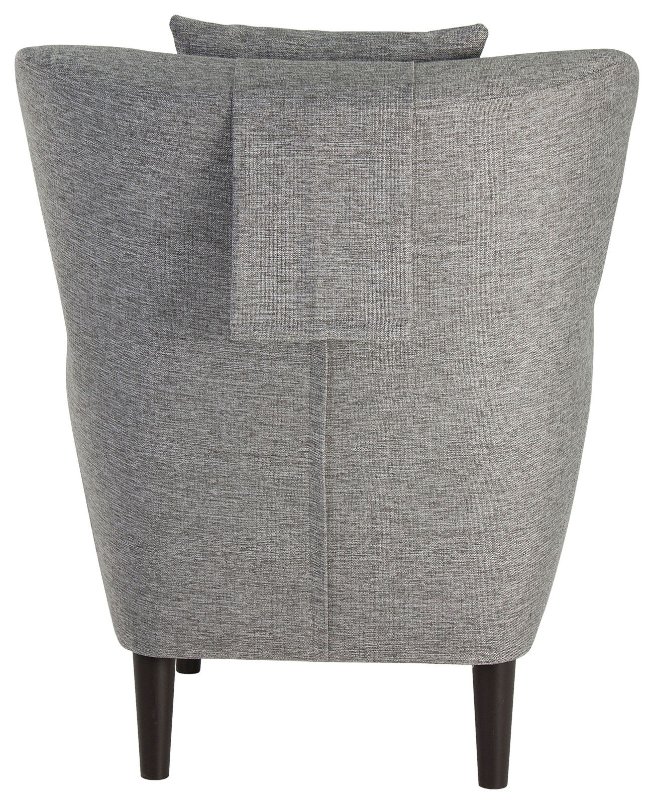 Rückansicht eines grauen Ohrensessels mit schwarzen Beinen.