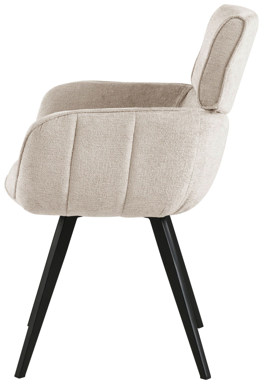 Seitenansicht eines beigen Armlehnstuhls mit schwarzen Beinen
