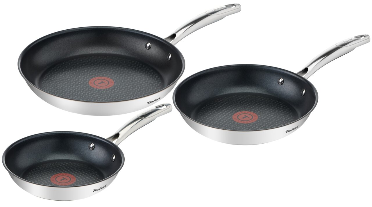 Tefal Pfannenset 3-tlg. 20cm + 24cm + 28cm Draufsicht auf ein dreiteiliges Pfannenset mit Antihaftbeschichtung und Edelstahlgriffen in den Größen 20 cm, 24 cm und 28 cm.