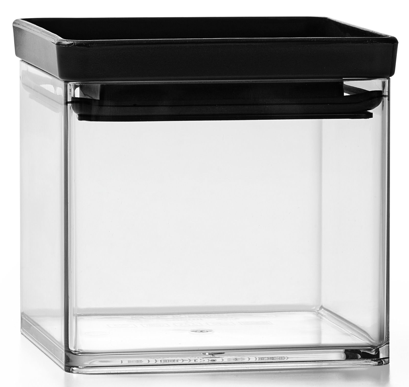 Transparente Vorratsdose mit schwarzem Deckel, seitliche Perspektive