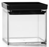 Transparente Vorratsdose mit schwarzem Deckel, seitliche Perspektive