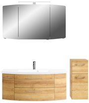 Moderne Badkombination mit Spiegelschrank, Waschbeckenunterschrank und Hochschrank in Holzoptik, Frontalansicht