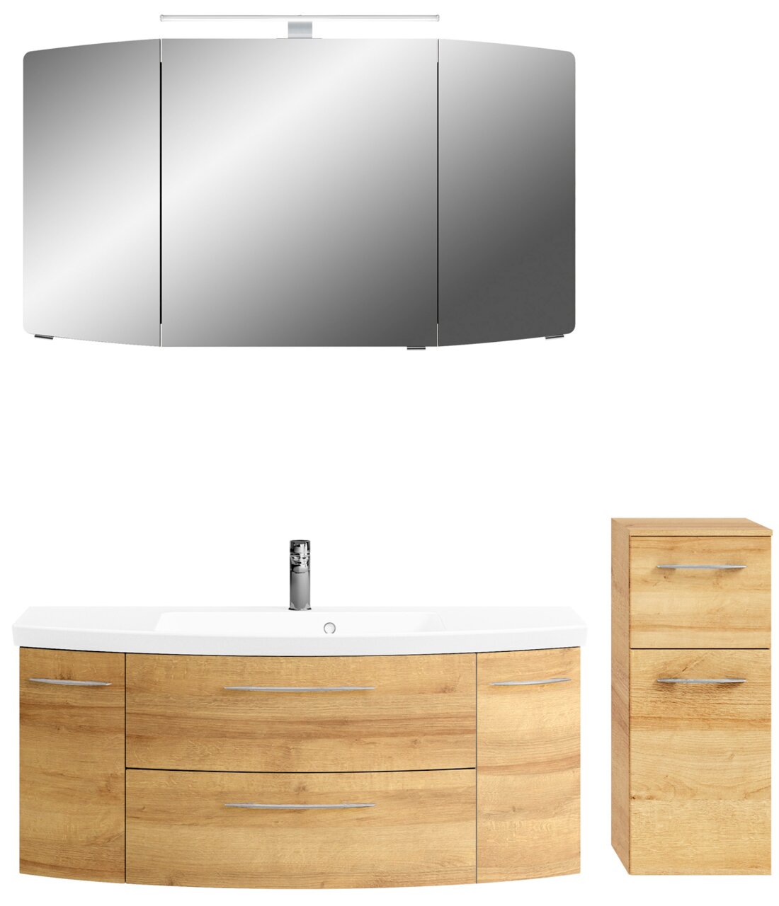 Moderne Badkombination mit Spiegelschrank, Waschbeckenunterschrank und Hochschrank in Holzoptik, Frontalansicht