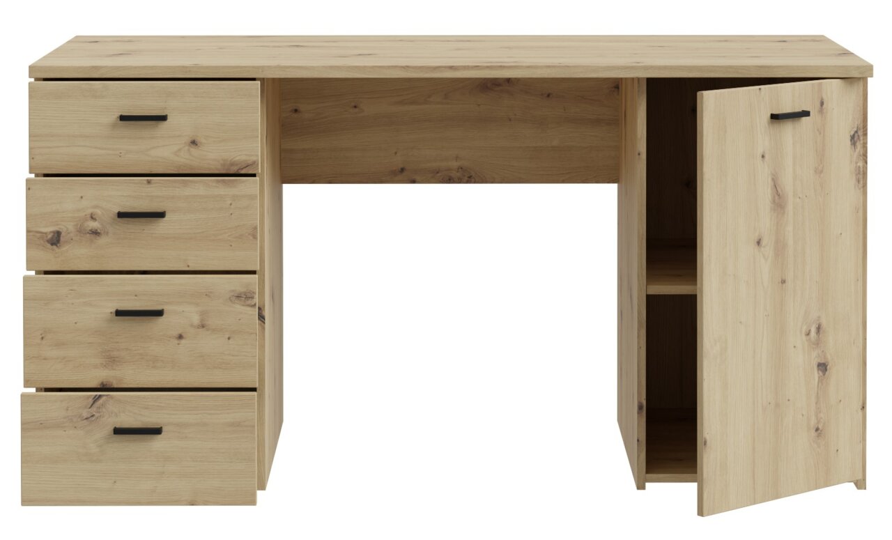 Schreibtisch aus Holz mit vier Schubladen auf der linken Seite und einem offenen Schrank auf der rechten Seite, frontal betrachtet.