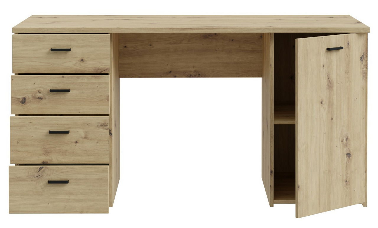 Schreibtisch aus Holz mit vier Schubladen auf der linken Seite und einem offenen Schrank auf der rechten Seite, frontal betrachtet.