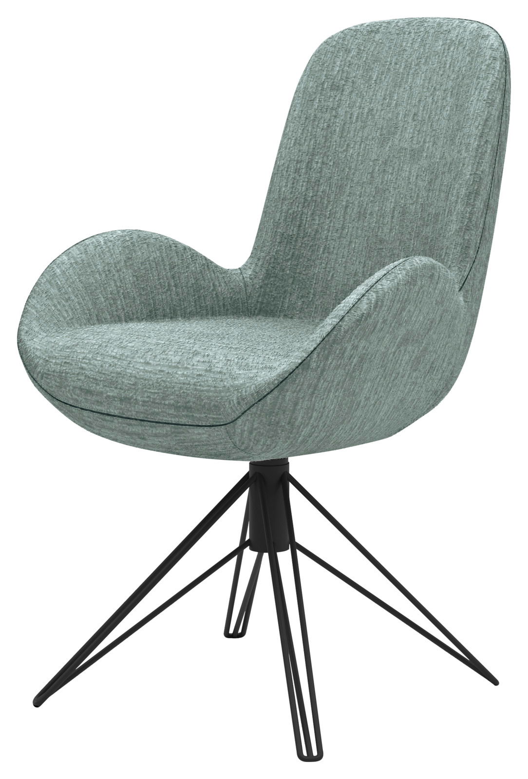 Moderner Armlehnstuhl mit grünem Stoffbezug und schwarzem Metallgestell, seitliche Perspektive