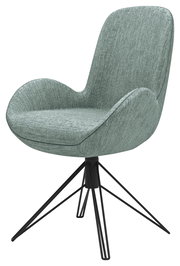 Moderner Armlehnstuhl mit grünem Stoffbezug und schwarzem Metallgestell, seitliche Perspektive