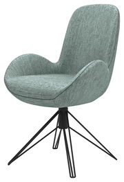 Moderner Armlehnstuhl mit grünem Stoffbezug und schwarzem Metallgestell, seitliche Perspektive