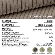 Nahaufnahme/Detailansicht von beige-braunem Cordstoff mit gerippter Struktur; Infografik mit Stoffdaten: Material 90% PES, 10% NY, 35.000 Scheuertouren, Abriebfestigkeit 4–5, Pillingfestigkeit 5, Pflegehinweise sowie OEKO-TEX Standard 100, pet friendly un
