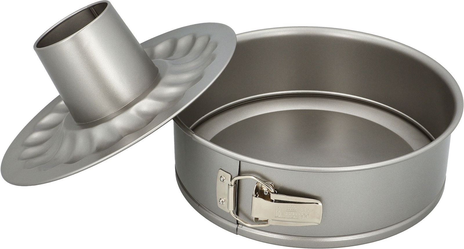 Springform mit zwei Böden, Ø 28 cm, aus Metall, mit herausnehmbarem Rohrboden und glattem Boden, seitliche Perspektive