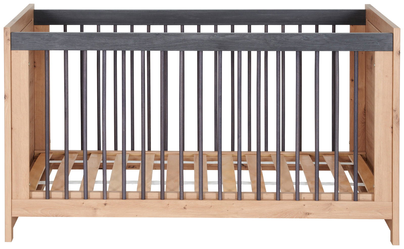 MyBaby Kinderbett BENTON Frontansicht eines Kinderbetts aus Holz mit dunklen Gitterstäben.