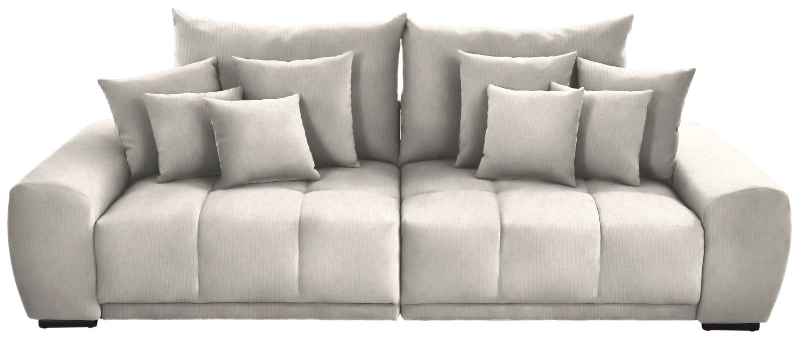 Großes, modernes Big-Sofa in hellem Stoff mit mehreren Kissen, Frontalansicht