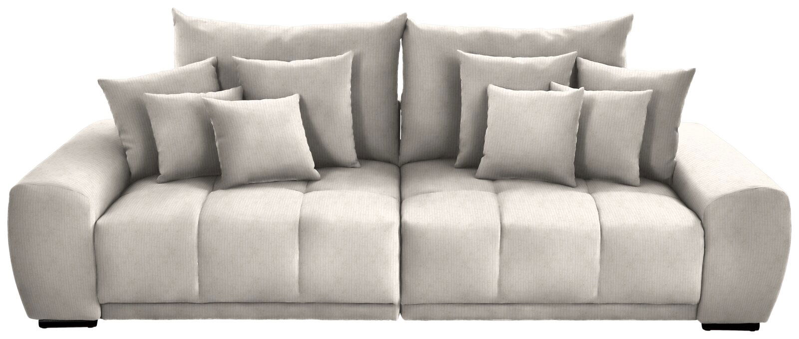 Großes, modernes Big-Sofa in hellem Stoff mit mehreren Kissen, Frontalansicht