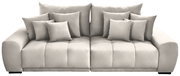Großes, modernes Big-Sofa in hellem Stoff mit mehreren Kissen, Frontalansicht