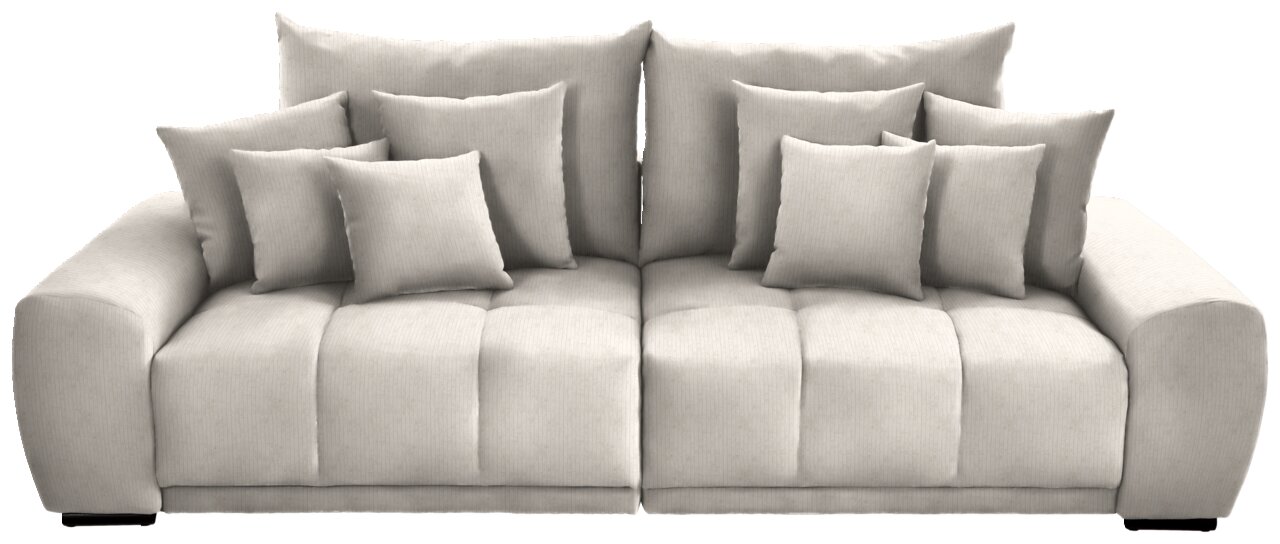Großes, modernes Big-Sofa in hellem Stoff mit mehreren Kissen, Frontalansicht