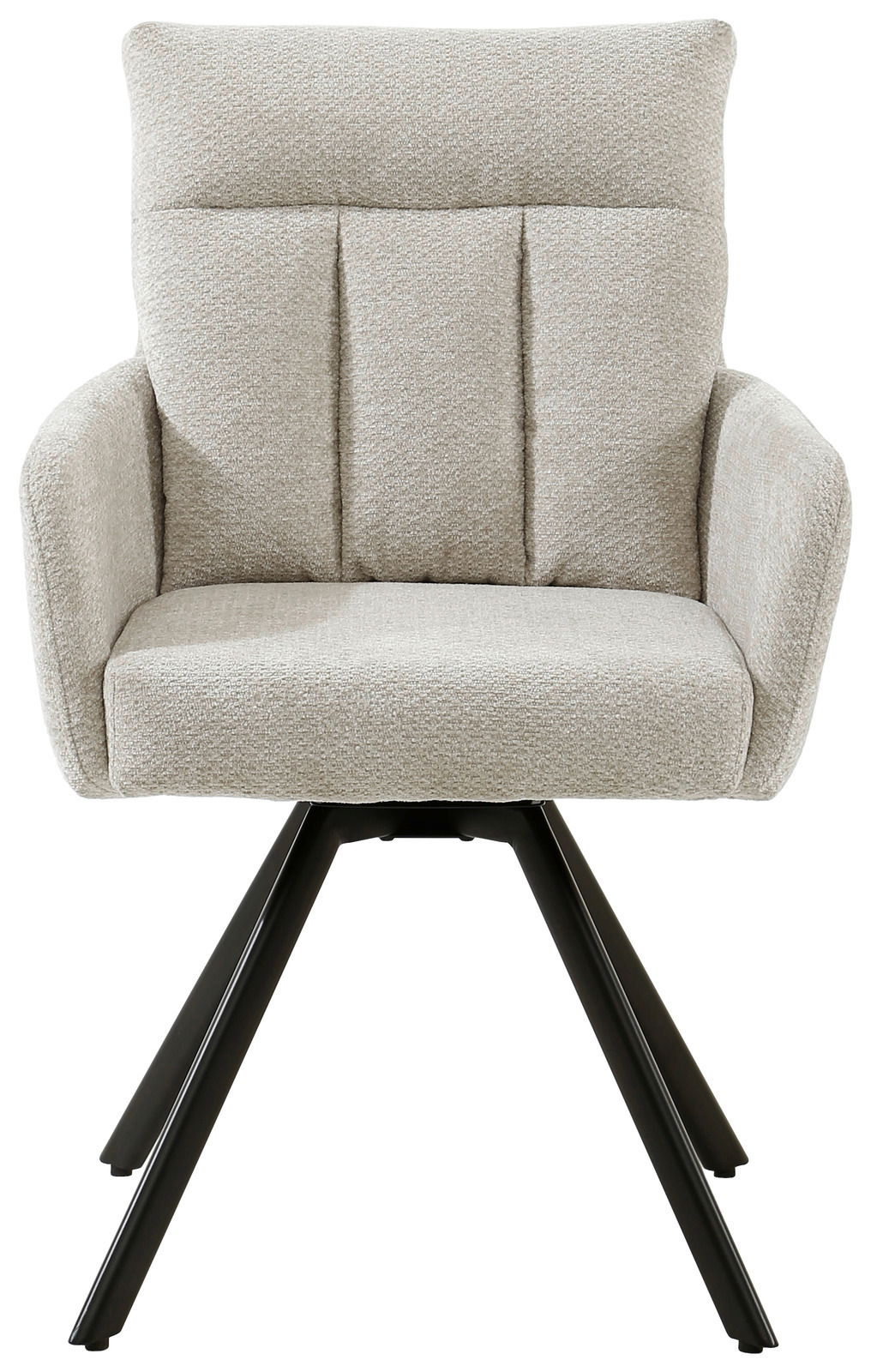 Beiger Armlehnstuhl THORSTEN mit gepolstertem Sitz und Rückenlehne, schwarzes Metallgestell, Frontalansicht