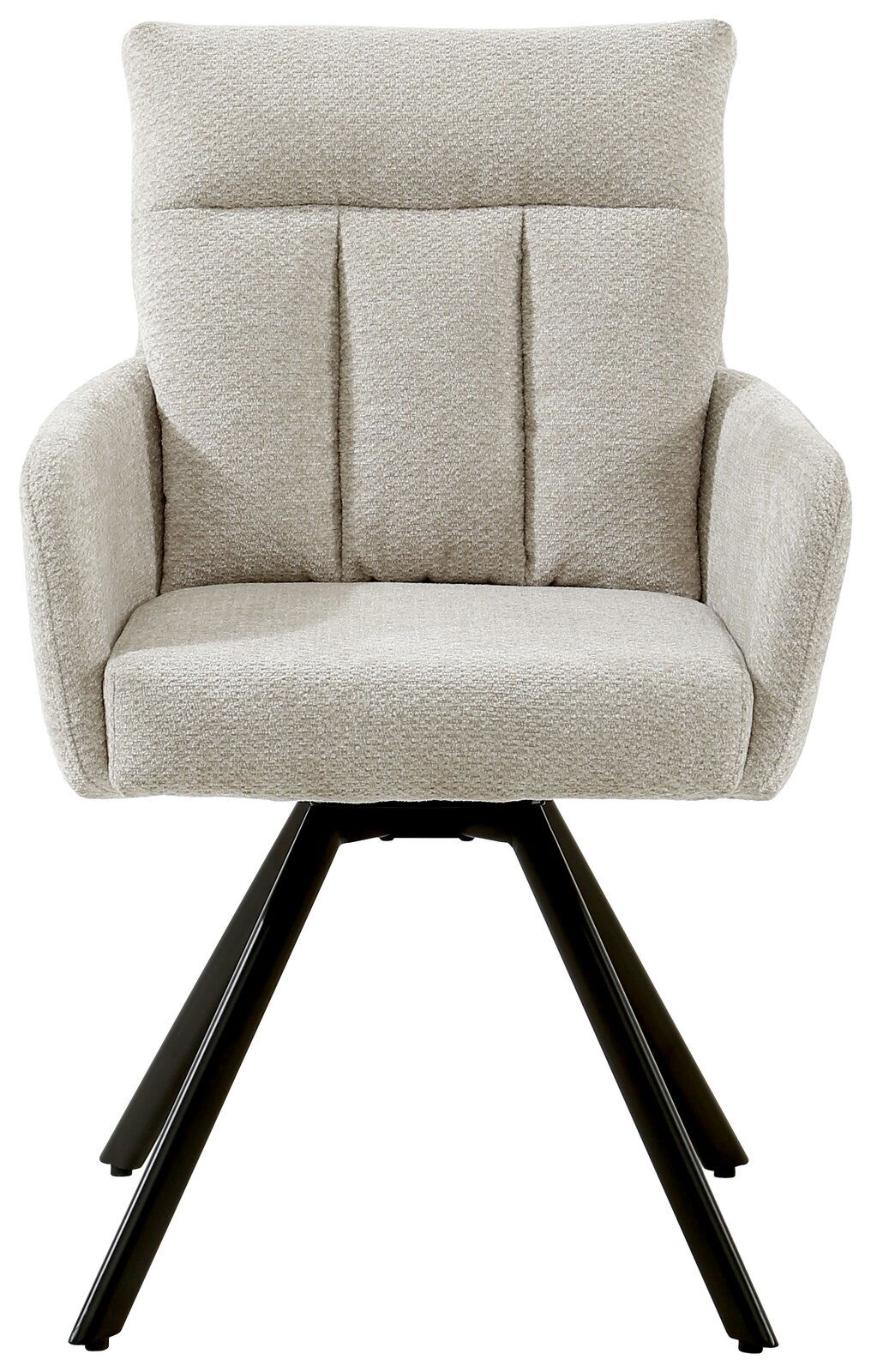 Beiger Armlehnstuhl THORSTEN mit gepolstertem Sitz und Rückenlehne, schwarzes Metallgestell, Frontalansicht